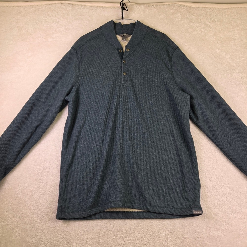 Eddie Bauer Mens TL Tall Blue Waffle Knit Sherpa Lined Quarter Zip Pullover